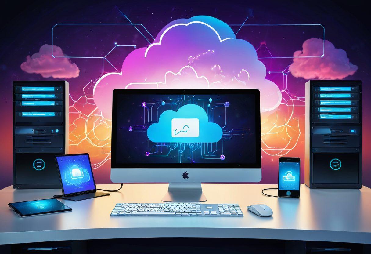 A sleek, modern office desk featuring a computer screen displaying a cloud upload icon, alongside neatly organized files and folders. A transparent, glowing network connection illustrating data flow to the cloud. Background shows a secure cloud network with digital locks and safeguards. Vector art. vibrant colors.