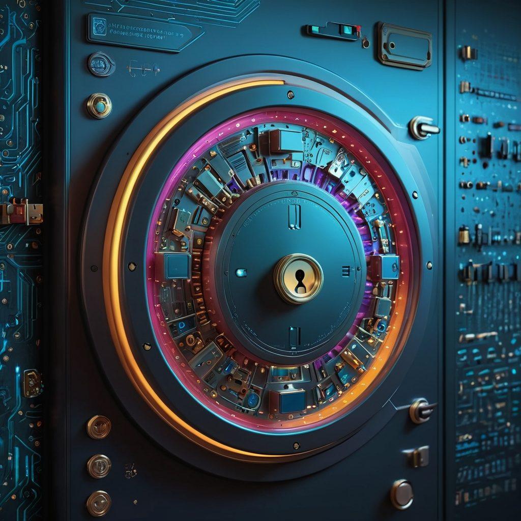 A futuristic digital vault protected by a sophisticated cybersecurity shield, with symbols of locks, keys, and encrypted codes surrounding it. A vivid contrast between a serene and organized storage space on one side and chaotic, unsecured data on the other. super-realistic. vibrant colors.